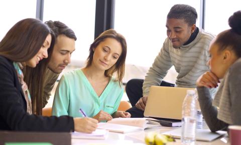 Students work together on a group project.